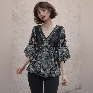 Boho Paisley Flowy V-Neck Top Earthy Whimsigoth Fairycore Burnout Satin Sz M